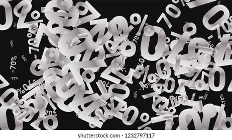 Percent Sings on Dark Background. Black Poster with Silver Percent Sings and Snowflakes. Vector Discount Sale Background.