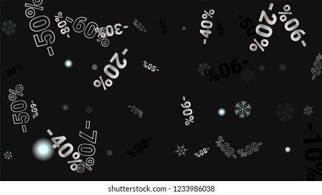 Percent Sings on Dark Background. Black Poster with Silver Percent Sings and Snowflakes. Vector Discount Sale Background.