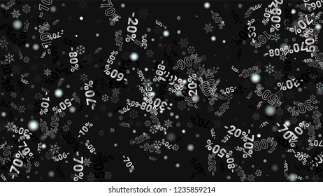 Percent Sings on Dark Background. Black Poster with Silver Percent Sings and Snowflakes. Vector Discount Sale Background.
