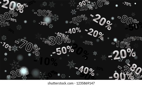 Percent Sings on Dark Background. Black Poster with Silver Percent Signs and Snowflakes. Vector Discount Sale Background.