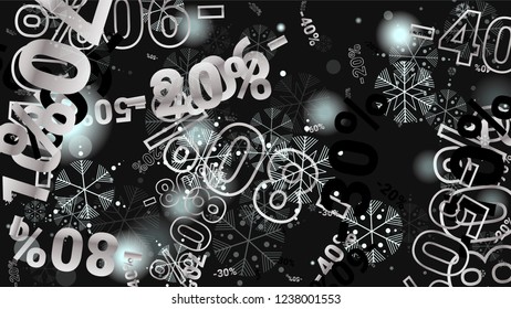 Percent Sings on Dark Background. Black Poster with Silver Percent Sings and Snowflakes. Vector Discount Sale Background.
