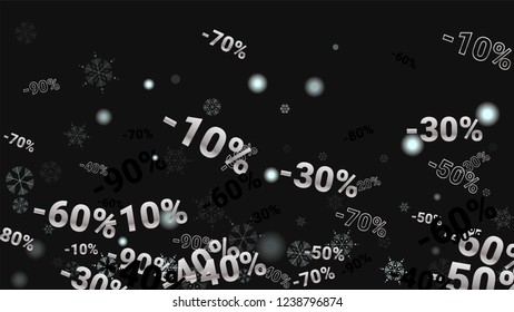 Percent Sings on Dark Background. Black Poster with Silver Percent Sings and Snowflakes. Vector Discount Sale Background.