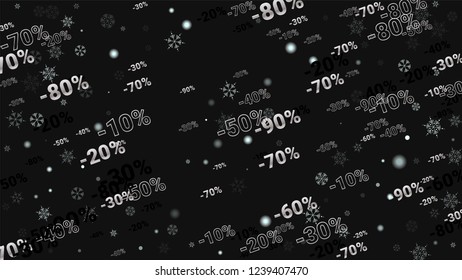 Percent Sings on Dark Background. Black Poster with Silver Percent Sings and Snowflakes. Vector Discount Sale Background.