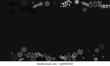 Percent Sings on Dark Background. Black Poster with Silver Percent Sings and Snowflakes. Vector Discount Sale Background.