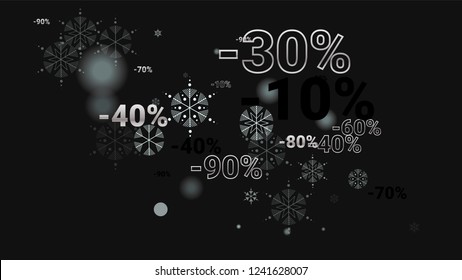 Percent Sings on Dark Background. Black Poster with Silver Percent Sings and Snowflakes. Vector Discount Sale Background.