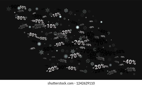 Percent Sings on Dark Background. Black Poster with Silver Percent Sings and Snowflakes. Vector Discount Sale Background.