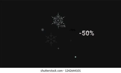 Percent Sings on Dark Background. Black Poster with Silver Percent Sings and Snowflakes. Vector Discount Sale Background.