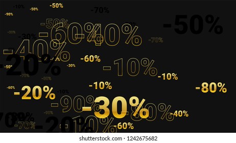 Percent Sings on Dark Background. Black Poster with Silver Percent Sings and Snowflakes. Vector Discount Sale Background.