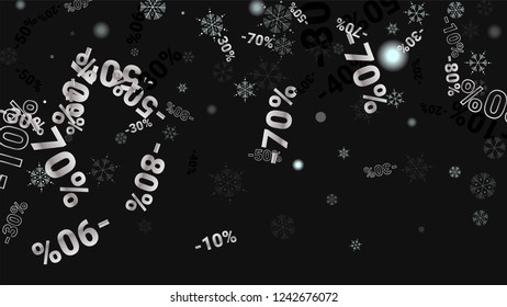 Percent Sings on Dark Background. Black Poster with Silver Percent Sings and Snowflakes. Vector Discount Sale Background.