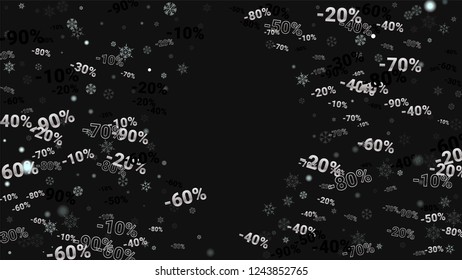 Percent Sings on Dark Background. Black Poster with Silver Percent Sings and Snowflakes. Vector Discount Sale Background.