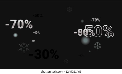 Percent Sings on Dark Background. Black Poster with Silver Percent Sings and Snowflakes. Vector Discount Sale Background.