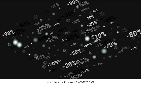 Percent Sings on Dark Background. Black Poster with Silver Percent Sings and Snowflakes. Vector Discount Sale Background.