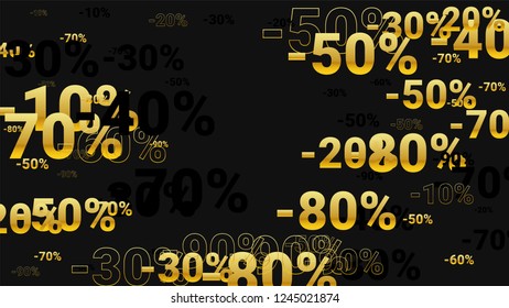 Percent Sings on Dark Background. Black Poster with Silver Percent Sings and Snowflakes. Vector Discount Sale Background.