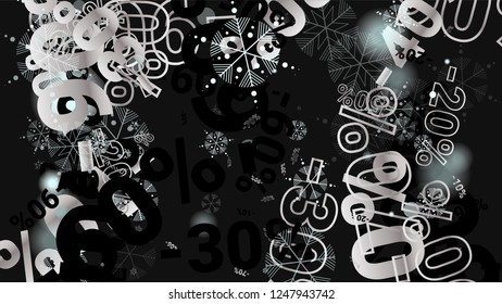 Percent Sings on Dark Background. Black Poster with Silver Percent Sings and Snowflakes. Vector Discount Sale Background.