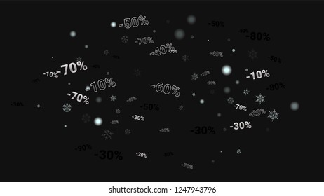 Percent Sings on Dark Background. Black Poster with Silver Percent Sings and Snowflakes. Vector Discount Sale Background.