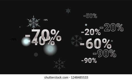 Percent Sings on Dark Background. Black Poster with Silver Percent Sings and Snowflakes. Vector Discount Sale Background.
