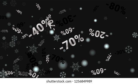 Percent Sings on Dark Background. Black Poster with Silver Percent Sings and Snowflakes. Vector Discount Sale Background.