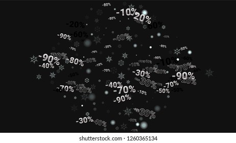 Percent Sings on Dark Background. Black Poster with Silver Percent Sings and Snowflakes. Vector Discount Sale Background.