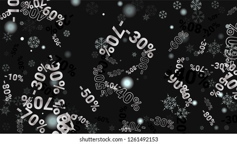 Percent Sings on Dark Background. Black Poster with Silver Percent Sings and Snowflakes. Vector Discount Sale Background.