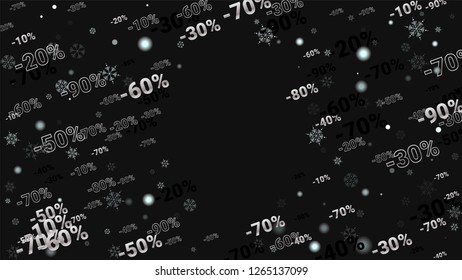 Percent Sings on Dark Background. Black Poster with Silver Percent Sings and Snowflakes. Vector Discount Sale Background.