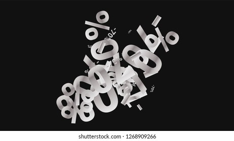 Percent Sings on Dark Background. Black Poster with Silver Percent Sings and Snowflakes. Vector Discount Sale Background.