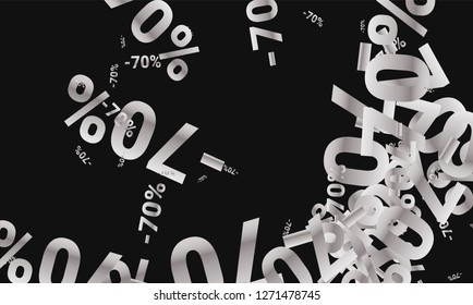Percent Sings on Dark Background. Black Poster with Silver Percent Sings and Snowflakes. Vector Discount Sale Background.