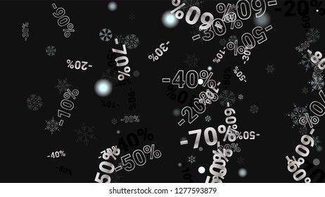 Percent Sings on Dark Background. Black Poster with Silver Percent Sings and Snowflakes. Vector Discount Sale Background.