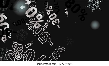 Percent Sings on Dark Background. Black Poster with Silver Percent Sings and Snowflakes. Vector Discount Sale Background.
