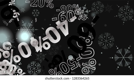 Percent Sings on Dark Background. Black Poster with Silver Percent Sings and Snowflakes. Vector Discount Sale Background.