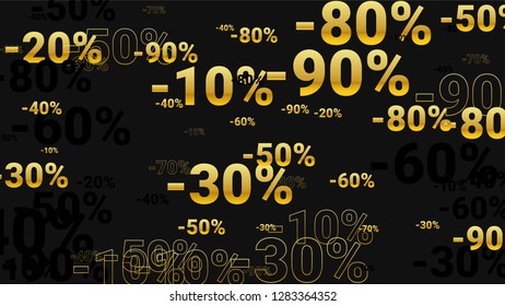 Percent Sings on Dark Background. Black Poster with Silver Percent Sings and Snowflakes. Vector Discount Sale Background.