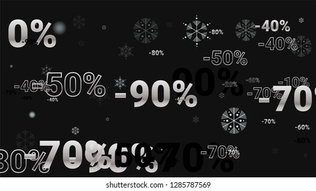 Percent Sings on Dark Background. Black Poster with Silver Percent Sings and Snowflakes. Vector Discount Sale Background.