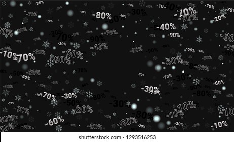 Percent Sings on Dark Background. Black Poster with Silver Percent Sings and Snowflakes. Vector Discount Sale Background.