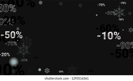 Percent Sings on Dark Background. Black Poster with Silver Percent Sings and Snowflakes. Vector Discount Sale Background.