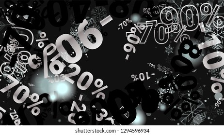 Percent Sings on Dark Background. Black Poster with Silver Percent Sings and Snowflakes. Vector Discount Sale Background.