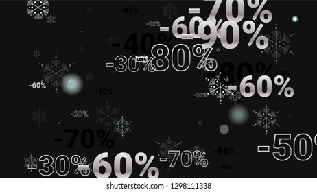 Percent Sings on Dark Background. Black Poster with Silver Percent Sings and Snowflakes. Vector Discount Sale Background.
