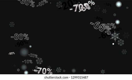 Percent Sings on Dark Background. Black Poster with Silver Percent Sings and Snowflakes. Vector Discount Sale Background.