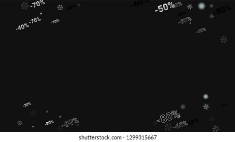 Percent Sings on Dark Background. Black Poster with Silver Percent Sings and Snowflakes. Vector Discount Sale Background.