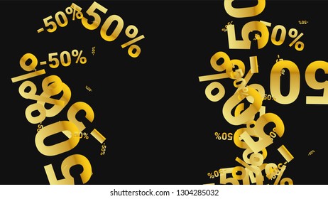 Percent Sings on Dark Background. Black Poster with Silver Percent Sings and Snowflakes. Vector Discount Sale Background.