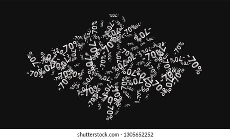 Percent Sings on Dark Background. Black Poster with Silver Percent Sings and Snowflakes. Vector Discount Sale Background.
