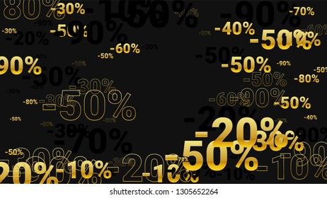 Percent Sings on Dark Background. Black Poster with Silver Percent Sings and Snowflakes. Vector Discount Sale Background.
