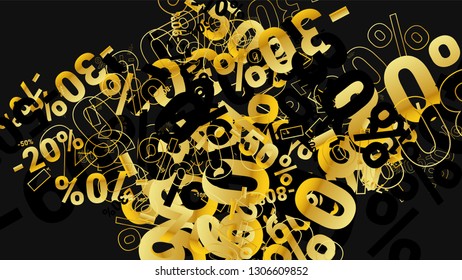 Percent Sings on Dark Background. Black Poster with Silver Percent Sings and Snowflakes. Vector Discount Sale Background.