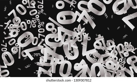 Percent Sings on Dark Background. Black Poster with Silver Percent Sings and Snowflakes. Vector Discount Sale Background.