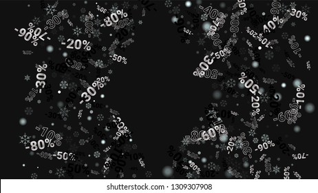 Percent Sings on Dark Background. Black Poster with Silver Percent Sings and Snowflakes. Vector Discount Sale Background.