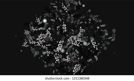 Percent Sings on Dark Background. Black Poster with Silver Percent Sings and Snowflakes. Vector Discount Sale Background.