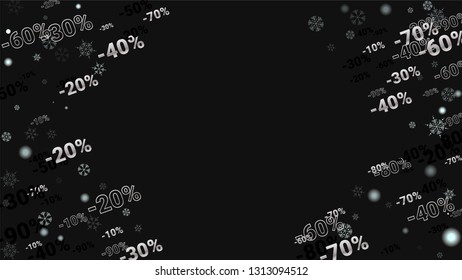 Percent Sings on Dark Background. Black Poster with Silver Percent Sings and Snowflakes. Vector Discount Sale Background.