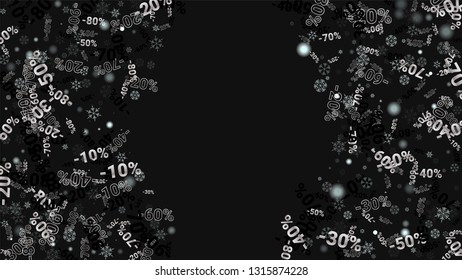 Percent Sings on Dark Background. Black Poster with Silver Percent Sings and Snowflakes. Vector Discount Sale Background.
