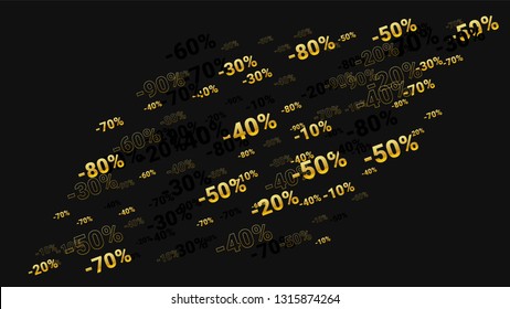 Percent Sings on Dark Background. Black Poster with Silver Percent Sings and Snowflakes. Vector Discount Sale Background.