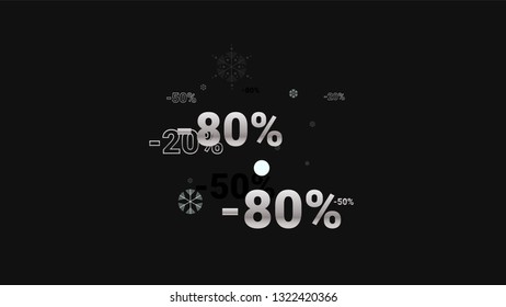 Percent Sings on Dark Background. Black Poster with Silver Percent Sings and Snowflakes. Vector Discount Sale Background.