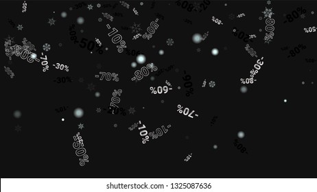 Percent Sings on Dark Background. Black Poster with Silver Percent Sings and Snowflakes. Vector Discount Sale Background.