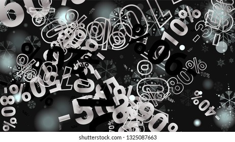 Percent Sings on Dark Background. Black Poster with Silver Percent Sings and Snowflakes. Vector Discount Sale Background.